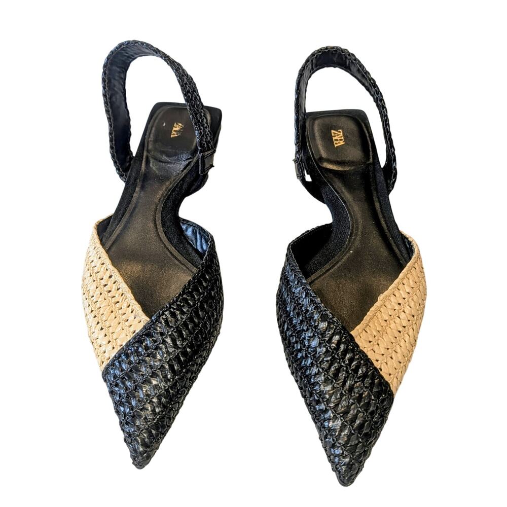 Zara Raffia Pointy Toe Slingback Sandals Black Beige Size 40 US 9 Flats
